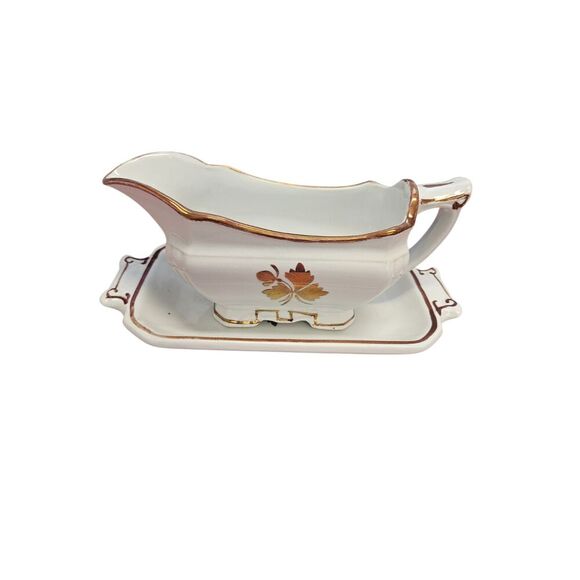 Meakin Tea Leaf Copper Luster Gravy Boat and Underplate, Ironstone - Picture 1 of 10